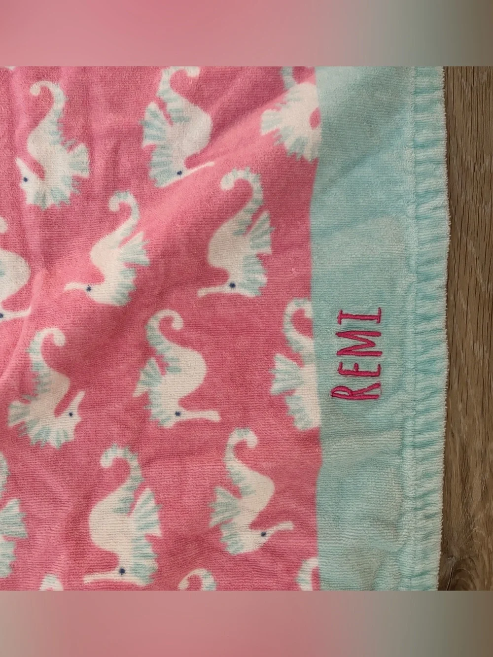 Pottery Barn Kids Pink Seahorse hooded bath towel personalized w/name “REMI”